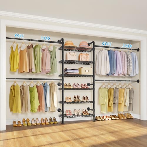 Timate S3X Expandable Wall Mounted Clothes Rack with 6 Adjustable Shelves & 4 Expandable Hanger Rods, Heavy Duty Industrial Pipe Clothing Rack for Hanging Clothes, Fits Spaces 5'11"- 8'10", Black by SturdyWallMountedClothesRack