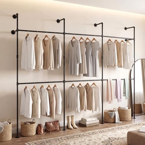 Giantex Industrial Pipe Clothing Rack, 118" Wall Mounted Heavy-Duty Metal Garment Organizer with 6 Hanging Rods, 2-Tier Walk-in Closet System for Wardrobe Closet, Retail Display - Image 2