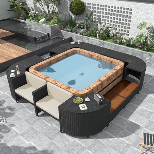Outdoor Spa Surround Sofa Set Rattan Sectional Hot Tub Frame with Cushioned & Wooden Seats, Storage Cabinets & Table Surfaces for 74" Portable Spa, All-Weather Quadrilateral Hot Tub Surround, Beige by Home