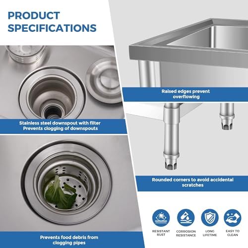 Stainless Steel Utility Sink with Faucet & Workbench, Commercial Freestanding Single Bowl Sink with Hot & Cold Water Pipes, Storage Shelf for Restaurant, Kitchen, Garage, Laundry, Outdoor (30in) - Image 4
