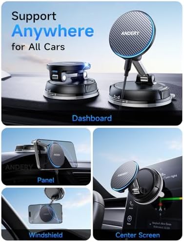 ANDERY Only for iPhone Magsafe Car Mount Charger [15W Fast Wireless Charge, 78+LBS Strong Suction & 2400gf Magnetic] 360° Adjustable Car Phone Holder, Phone Holders for Your Car Dash Accents Accessory - Image 3