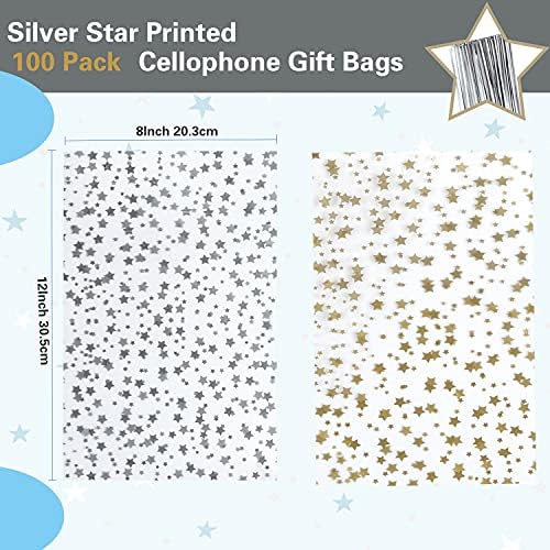 100 Pcs Star Printed 8"X 12" Gift Wrap Cello Cellophane Treat Bags Party Favor bags Clear Candy Cookie Bags Plastic Poly Goodie Storage Bags with Twist Ties for Bakery,Birthday, Wedding ,Party Decorations (Silver) - Image 2