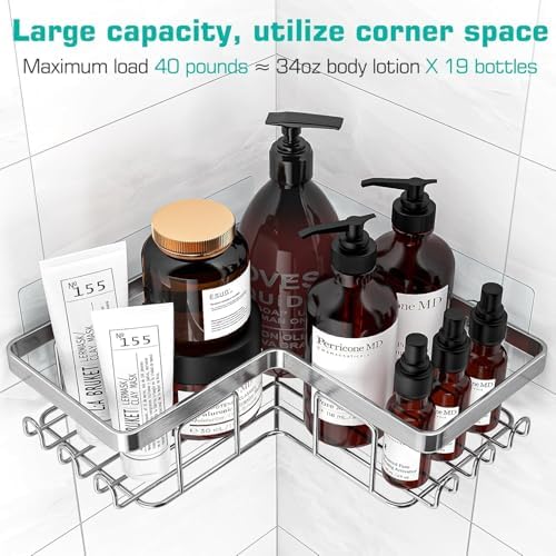 YASONIC Corner Adhesive Shower Caddy, with Soap Holder and 12 Hooks, Rustproof Stainless Steel Bathroom Organizer, No Drilling Wall Mounted Rack, Brushed Silver, 3-Pack - Image 2