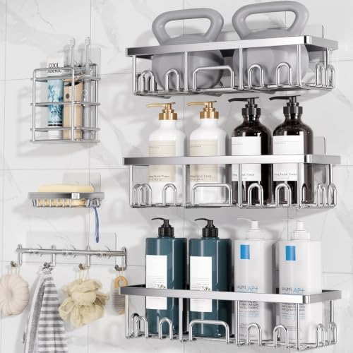 Veken Shower Caddy 6-Pack with Hooks, Bathroom Organizers & Storage, Silver by Veken