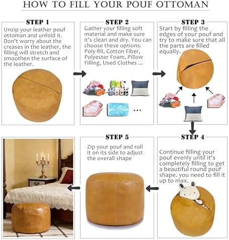 Thgonwid Unstuffed Faux Leather Pouf Cover, Handmade Footstool Ottoman Storage Solution, Floor Footrest Cushion, 16.5”Dx12”H, Yellow - Image 5