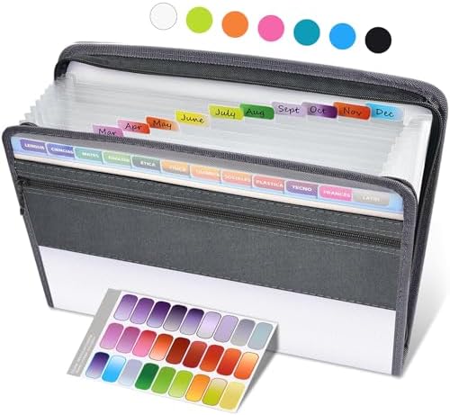Sooez Accordion File Organizer with Safe Zipper, 12 Pocket Expanding File Folder with Front Pencil Pouch, Portable Monthly Paper Bill Tax Receipt Organizer, School Office Supplies, Letter Size, White by Sooez
