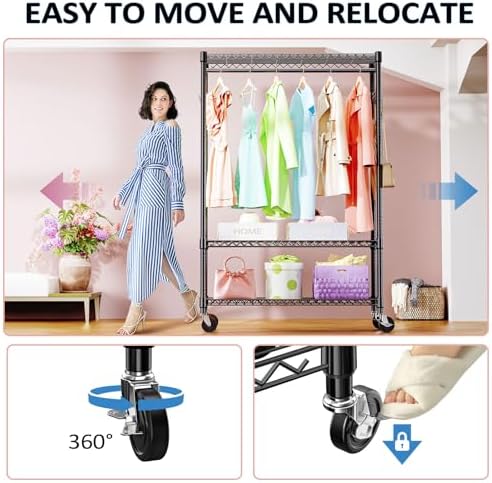 IZEUK Heavy Duty Rolling Garment Rack Wire Clothes Rack for Hanging Clothes (Black, 3 Tier with 1 Rod, 15.7" D x 45.3" W x 75.6" H) - Image 3