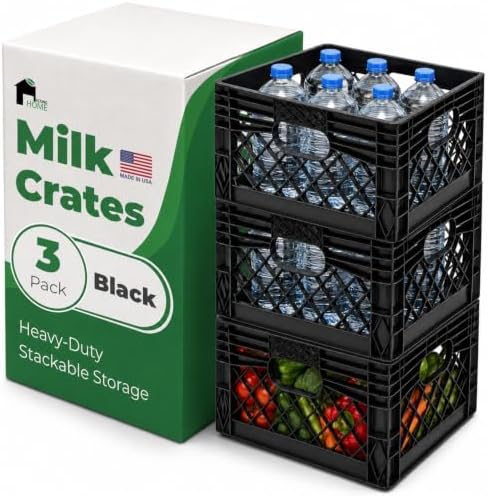 EconoHome Milk Crate - Stackable Storage Crate with Built-In Handles - Heavy Duty Plastic Material - Ventilated Organizer Bin for Garage, Pantry, Classroom, Office & Moving - Black, 13x13x11, 3-Pack by EconoHome