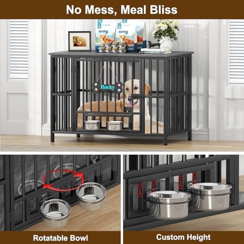 Easycom 41" Dog Crate Furniture Foldable, No Assembly Decorative Dog Kennel Indoor, Dog Crates for Large Dogs(35-60 lb), Wooden Dog Cage with Adjustable Bowls and Name Tag, End Table, Dark Grey - Image 4