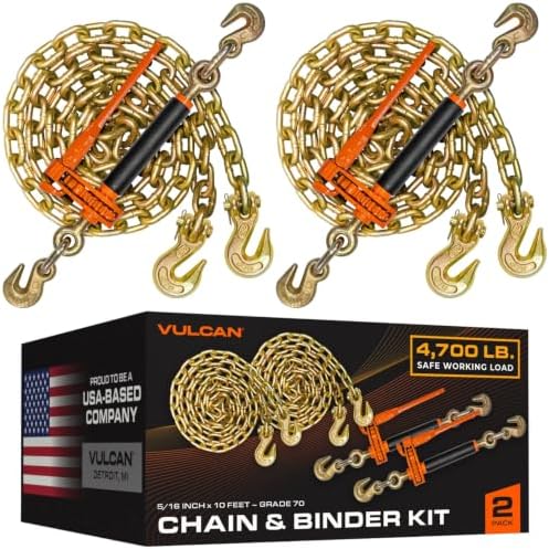 VULCAN Chain and Load Binder Kit - (2) Grade 70 5/16 Inch x 10 Foot Chains and (2) Folding Handle Load Binders - 4,700 Pound Safe Working Load by VULCAN