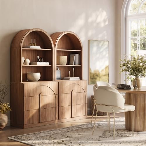 BELLEZE Arched Bookshelf with 3 Drawers Set of 2, 71" Tall Modern Wood Display Cabinet with Hutch, Modern Book Case Shelf with Storage Versatile Cupboard for Living Room Office, Camel by BELLEZE