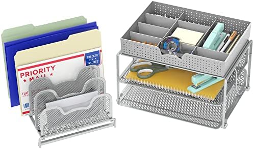 Simple Houseware Mesh Desk Organizer with Sliding Drawer, Silver - Image 2
