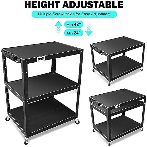 DNA Motoring 3-Layer Utility Steel AV Cart with Wheels Power Strip, 35" x 25" x 24"-42" Height Adjustable Rolling Projector Cart,TOOLS-00137 - Image 5