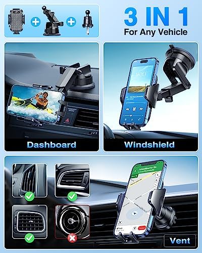 [True Military-Grade] Car Phone Holder VANMASS [Upgraded Strongest Suction&Clip] Cell Phone Mount for Dashboard Windshield Vent Kit, Truck Cradle Stand for iPhone 18 Pro Max 17 16 15 Android,Ink Black - Image 4
