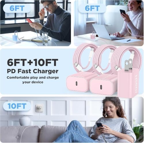 20W USB C Fast Charging for iPhone 17 Air/16/15 Pro Max,2Pack Colorful Mixed Charger Block with Braided Long USB C to C Cables (6/10ft) Compatible with iPhone16/15 Pro/15 Plus/iPad Pro - Image 6