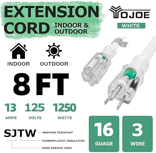 YOJOE Indoor Outdoor Extension Cord with Lighted End, 3 Prong 13A Weatherproof Power Cord, 16 Gauge Heavy Duty 8 ft White Extension Cord for Garage, Garden and Home, 16/3 SJTW UL Certified - Image 2