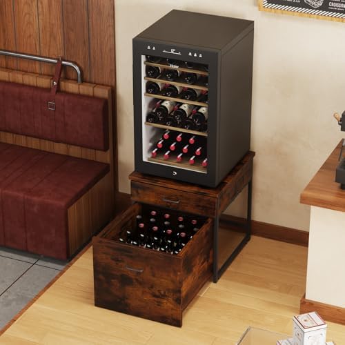 Kikihouse Mini Fridge Stand with Storage, Heavy Duty Mini Fridge Table with Rolling Cabinet, 250LBS Capacity Tabletop with Lockable Wheel for Dorm, Home, Office, Bedroom (Brown) by Kikihouse