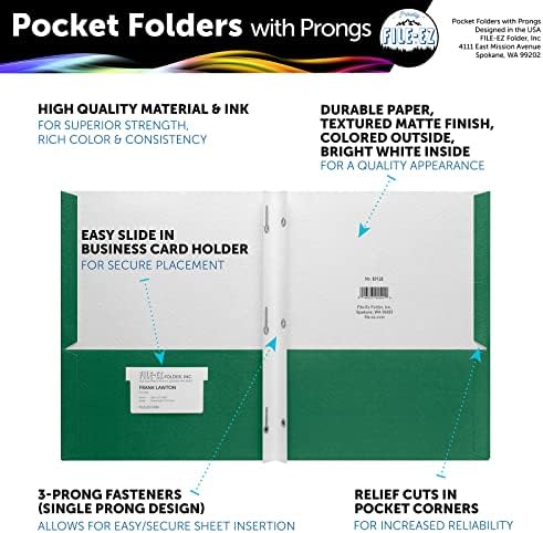 FILE-EZ Two-Pocket Folders with 3-Prong Fasteners, Green Color, 25-Pack, Durable Textured Paper, Matte Finish, Letter Sheet Size (EZ-92560) - Image 2