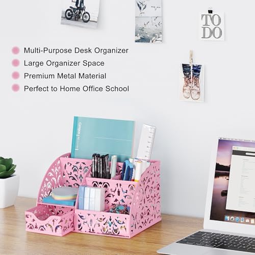 EasyPAG Desk Organizer and Pen Holder for Desk, Mesh Office Supplies Storage Caddy with Drawer for Small Space, Desktop Organizer for Home Office, Pink - Image 2