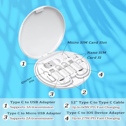Multi USB Charging Adapter Cable Kit, USB C to iOS Device for Travel, Conversion Set USB A & USB C to Male Micro /USB C/iOS Adapter, Data Transfer, Card Storage, Tray Eject Pin, Phone Holder (White) - Image 3