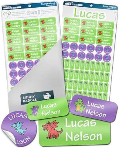 Bunny Badges Personalized Name Labels for Kids (70 Labels) - Custom Waterproof Name Stickers for Daycare, Clothing Tags, Water Bottles, Lunch Boxes and School Supplies (Dragons) by BunnyBadges