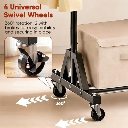 Rolling Garment Rack - Retractable Clothes Rack with Hanging Rods, Lockable Wheels and Bottom Storage Shelf - Sturdy Coat Rack, Freestanding Clothing Organizer for Bedroom, Laundry & Closet - Image 5