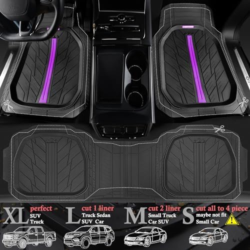 CAR PASS Tire Tread DeepDish Rubber Floor Mats for car Heavy Duty car mats All Weather, Universal XL~M Trim to Fit for Truck SUV Vehicle Automotive, Waterproof car mats 3 Piece (Purple Black) - Image 3