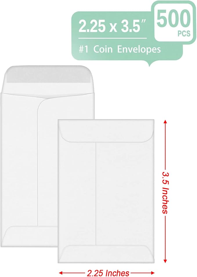 500 PCS #1 Coin Envelopes, 2-1/4'' x 3-1/2'' inches White Kraft Envelopes - Image 3