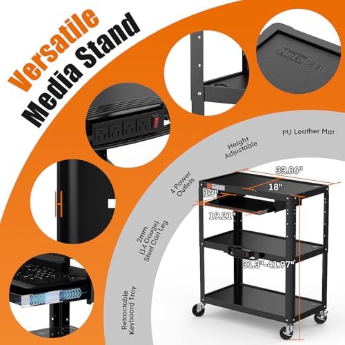 Extra-Large 3-Tier Utility Cart with Built-in Power Strip – Heavy-Duty 14-Gauge Steel Rolling Cart for Office, Workshop, or Classroom – 300 Lb Capacity (34" x 18" x 41.75") - Image 7