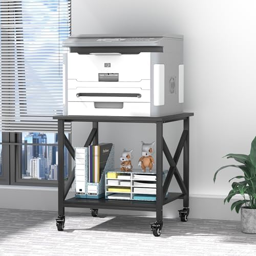 Printer Stand, 23.6 x 23.6 Inches Large Printer Stand with Storage Shelf, 2 Tier Printer Table for Home Office, Rolling Printer Cart with Industrial Wheels, Mini Fridge Stand Table, Black - Image 2
