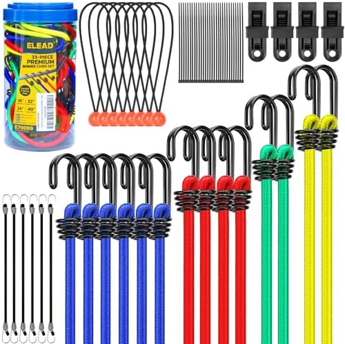 ELEAD 33 Piece Premium Bungee Cords Assortment Jar, Includes 10", 18", 24", 32", 40" Bungee Cord with Hooks, 6" Nylon Cable Ties, 8" Canopy Tarp Ball Ties and Tarp Clips by ELEAD