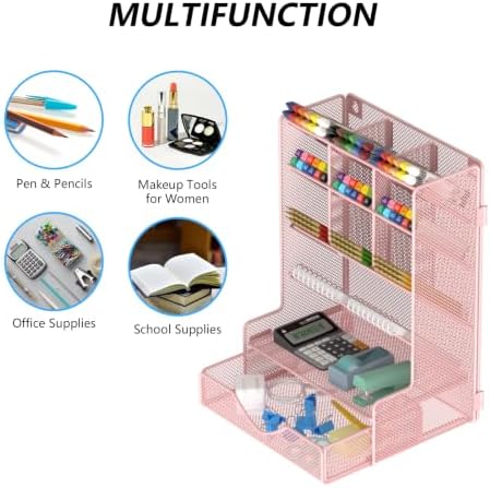 BOHDK Pen Organizer for Desk, Multi-Functional Desk Organizer, Wall Mount Pen Holder with Drawer for School, Office, Home, Art Supplies, Pink - Image 7