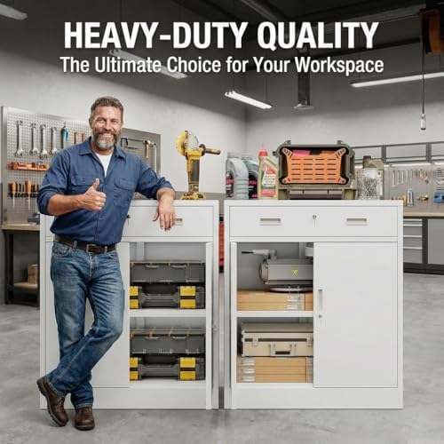CJF Metal Storage Cabinet, Locking Storage Cabinet with 1 Drawer and Adjustable Shelf, 36" H x 28" W x 16" D White Metal Cabinets for Office, Home, Garage - Image 4