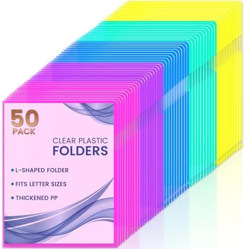 Sooez 50 Pack Clear Document Folder Project Pockets, Clear Plastic Folders Letter Size Plastic Document Folders Paper Poly Jacket Sleeves Folders Copy, 5 Assorted Colors by Sooez
