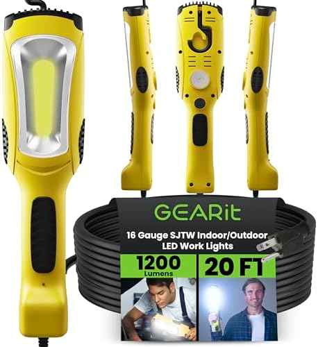 GEARit 20ft LED Work Light COB 1200LM 10W, Corded Shop/Drop Light with Magnetic Base, Swivel Hook & Built-in Outlet, 16/3 SJTW Trouble Light for Mechanics, Garage, Under Hood, Yellow by GEARit