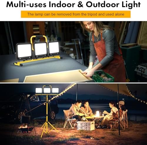 225W 22500 Lumen Work Lights with Stand, Three Head LED Work Light with Individual Switch, 16FT Power Cord, IP66 Waterproof, Adjustable Metal Telescoping Tripod for Indoor and Outdoor - Image 4
