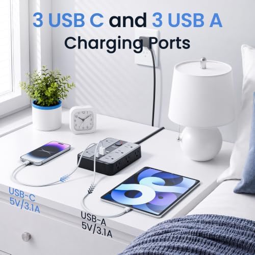 12-Outlet Power Strip with 2400J Surge Protector, 6 USB(3 USB C) &20FT Cord - Image 4