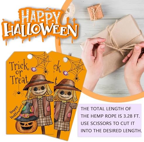 Yellow Halloween Paper Gift Tags with String-50Pcs,Trick Or Treat for You Happy Halloween Tags for Goodie Bags, 2 x 3.5 Inch Waterproof Hanging Labels for Decor Party Supplies, Gift Wrapping-B06 - Image 3