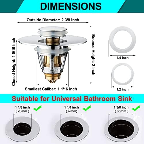Universal Bathroom Sink Stopper - Stainless Steel Bounce Drain Filter, Pop Up Drain Stopper, Bullet Core Push Type Sink Stopper for Wash Basin, Sink Drain Plug with Anti-Clogging Strainer, Chrome - Image 2