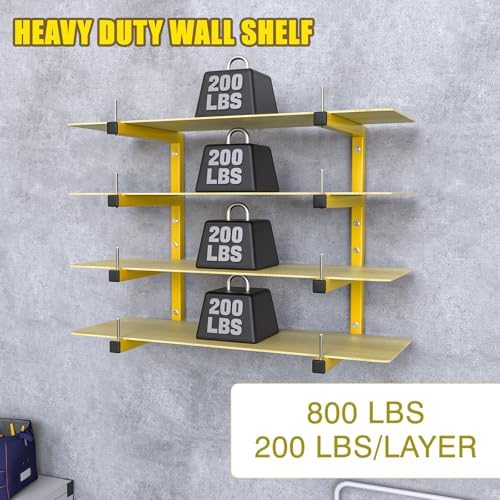 2-Pack Lumber Storage Rack, Wood Storage Racks Wall Mount, Heavy Duty Garage Wood Organizer with 4-Level System, Yellow Utility Rack Organization Up 800 Lbs, Metal Lumber Shelf for Indoor and Outdoor - Image 4