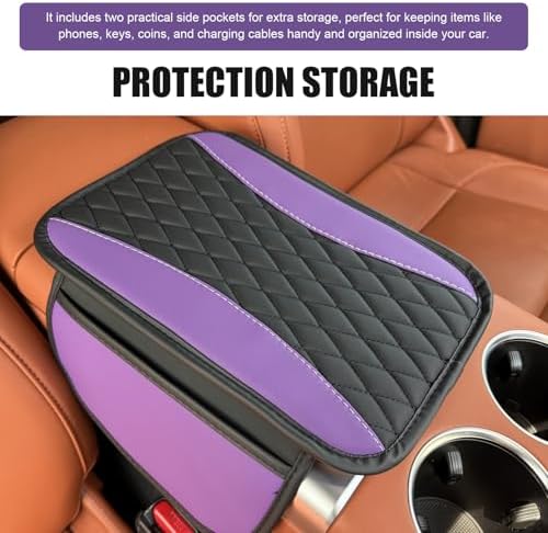 Car Center Console Cover, Upgraded Patchwork Leather Arm Rest Cover with Side Storage Pockets, Comfortable Auto Armrest Protector Cushion, Universal Middle Console Pad for SUV, Sedan (Purple) - Image 7