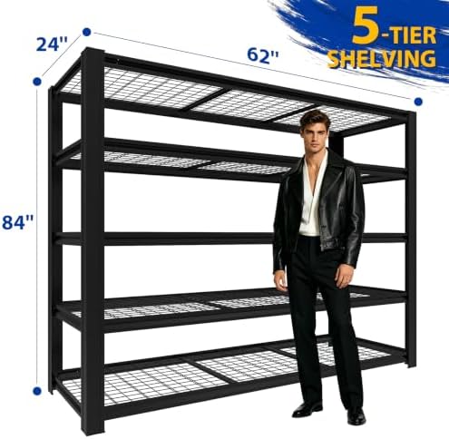 5000LBS 5-Tier Heavy Duty Garage Shelving, 84.01" H x 62.01" W x 24.01" D Adjustable Boltless Metal Storage Rack, Black Industrial Shelving Unit for Warehouse, Basement, Pantry - Image 3