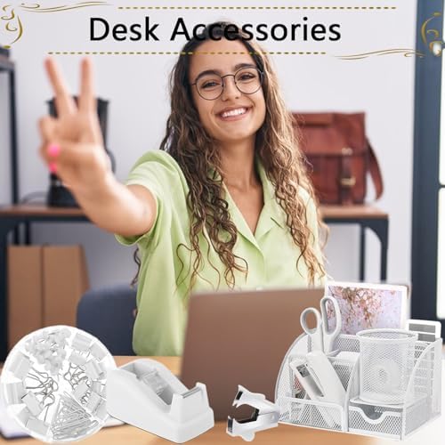 Office Supplies,Desk Accessories,Stapler and Tape Dispenser Set,1000 Staples,Staple Remover,Pen Holder,Folding Phone Holder,Journal Notebook,Ballpoint Pen,Scissor,Ruler,Clear Tape,Sticky Notes,Ect - Image 2