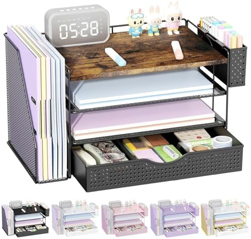 Wood Desk Organizers and Accessories with File Sorters, 4-Tier Desk Accessories & Workspace Organizers with Drawer and Pen Holder, Desk Reference Organizer (Wood, 4T with Drawer) by gianotter