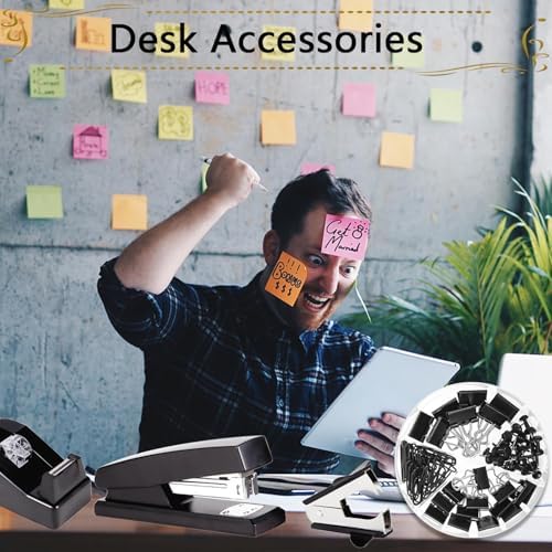 Office Supplies,Black Desk Accessories,Stapler and Tape Dispenser Set for Women with Stapler,Tape Dispenser,Staple Remover,Staples,Clips,Scissors and Tabs,Gift for Students,Coworkers,Teacher,Business - Image 7