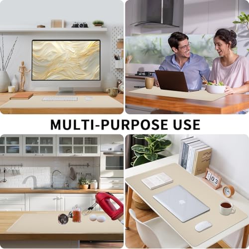 Beige Desk Mat with Stitched Edges, 31.5"×15.7" Keyboard Pad, Non-Slip Desk Protector Mat, Leather Desk Blotter, Waterproof Desk Pad for Office Home Decor - Image 5