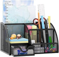 EasyPAG Mesh Desk Organizer with Drawer Multi-functional Pen Holder Stationery Organizer for Office School Supplies 6 Compartments Dorm Organizers and Storage for Desk, Black by EasyPAG