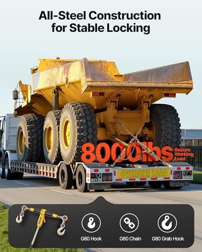 VEVOR Ratchet Chain Binder, 5/16 in x 10 ft G80 Chains, 8000 lbs Working Load of Ratchet Load Binder, Chains and Binders Set, Tie Down Hauling Chain Binders for Hauling, Towing, Logging, Lifting - Image 2