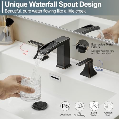 Oil Rubbed Bronze Bathroom Faucet 3 Hole, 4-16 Inch Brass Waterfall Faucet for Bathroom Sink, 2 Handle Vanity Bathroom Faucets with Pop-up Drain and Supply Hoses - Image 2