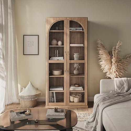BELLEZE Modern Wood Wine Curio Cabinets with 4 Adjustable Shelves, 67" Storage Cabinet, 6 Shelf Glass Bookshelf Display Cabinet, Trophy Display Case for Living Room, Wine, Camel - Image 3